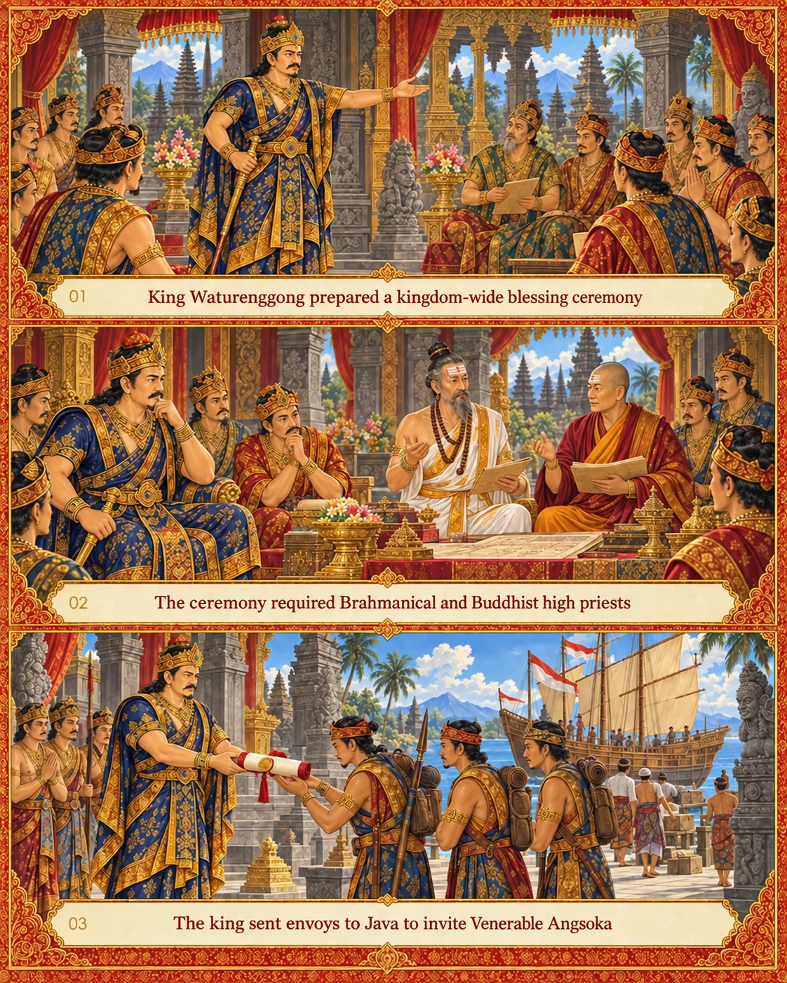 Biographical painting of King Waturenggong inviting a Buddhist high priest to preside over a kingdom-wide blessing ceremony