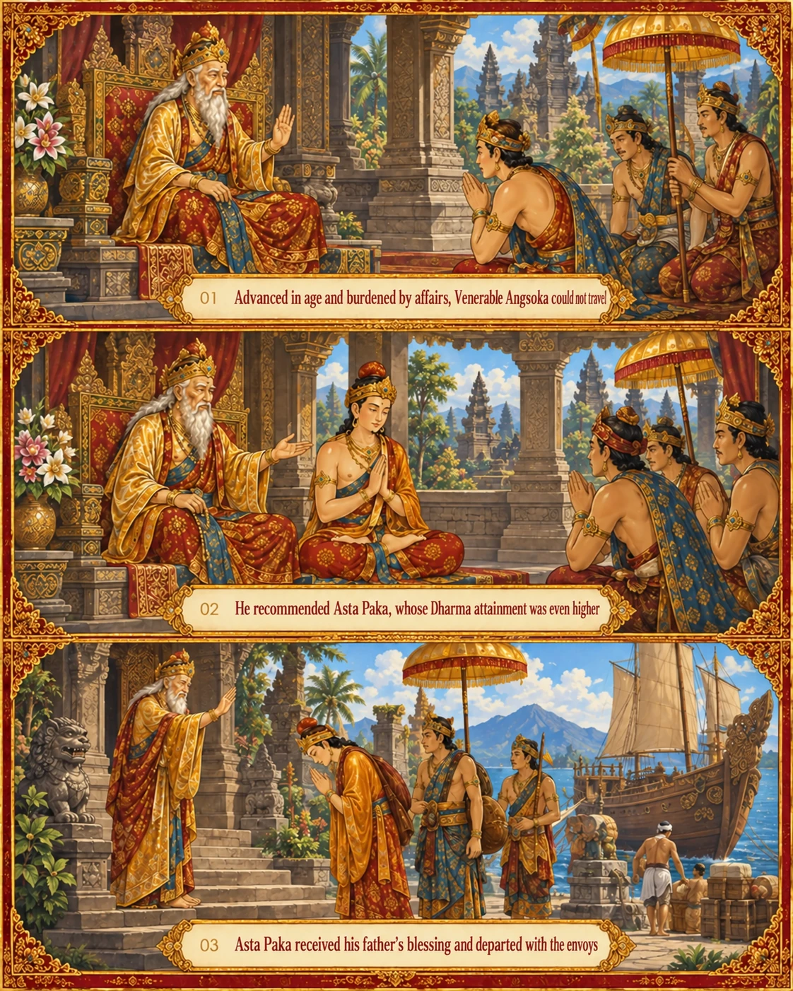 Biographical painting of Venerable Asta Paka receiving his father’s blessing before travelling with the envoy to Bali