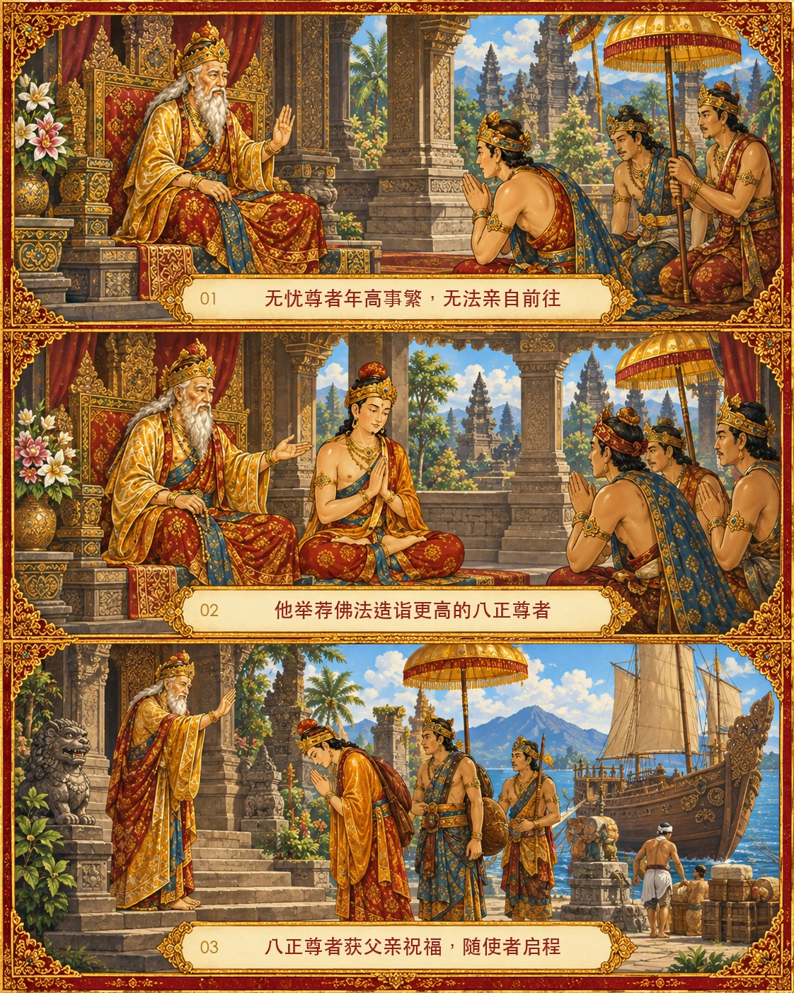 八正尊者得到父亲祝福并随使者前往巴厘岛的传记画