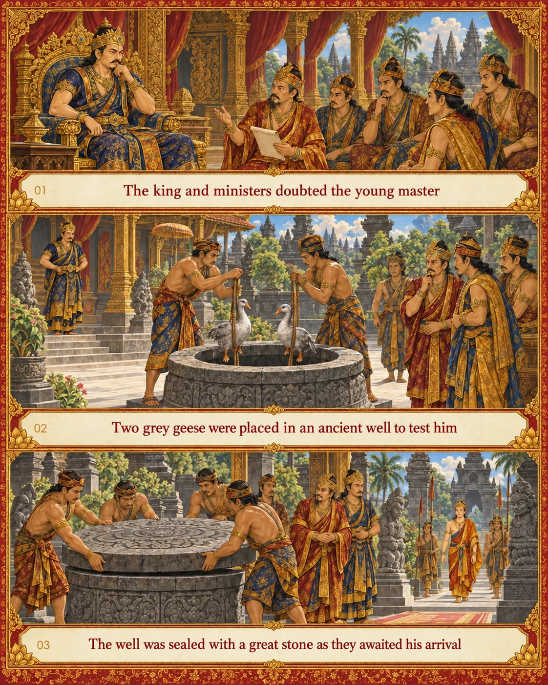 Biographical painting of King Waturenggong and his ministers testing Venerable Asta Paka with an ancient well and two grey geese
