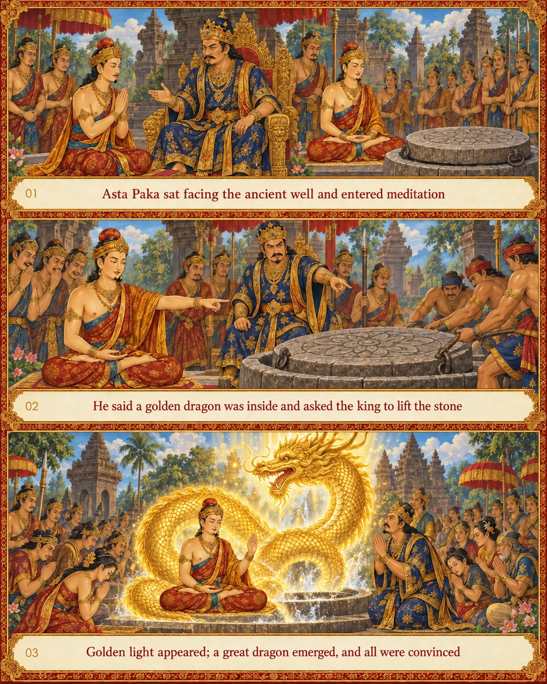Biographical painting of Venerable Asta Paka entering meditation and revealing a golden dragon in the ancient well