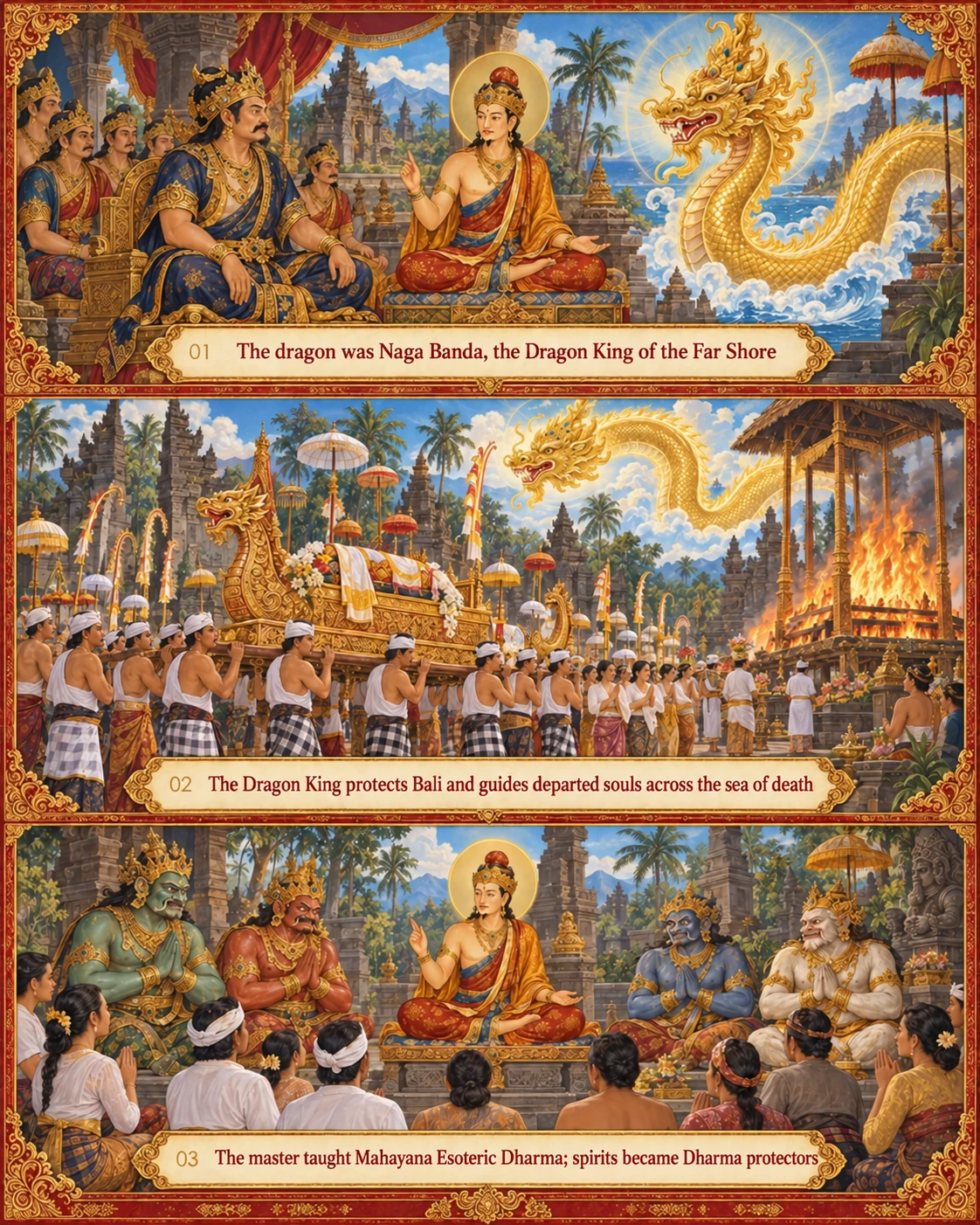 Biographical painting of Venerable Asta Paka teaching the great dragon king Naga Banda and guiding the people of Bali