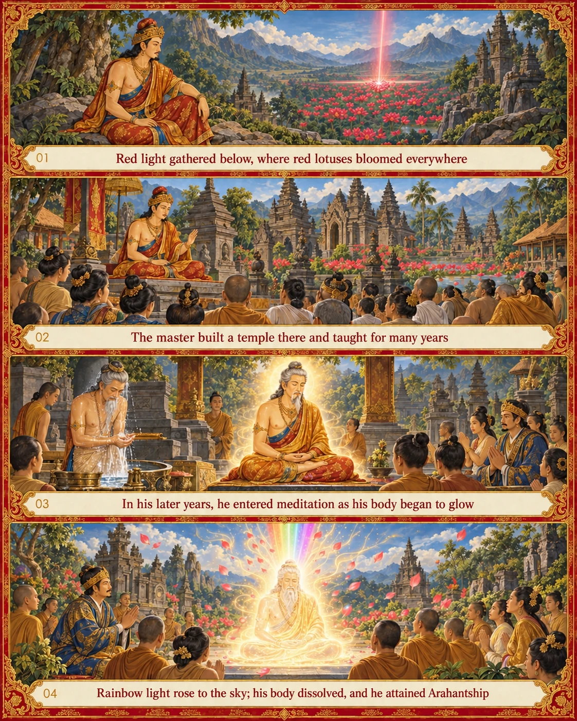 Biographical painting of Venerable Asta Paka building a temple at the field of red lotuses and later attaining Arahantship in rainbow light