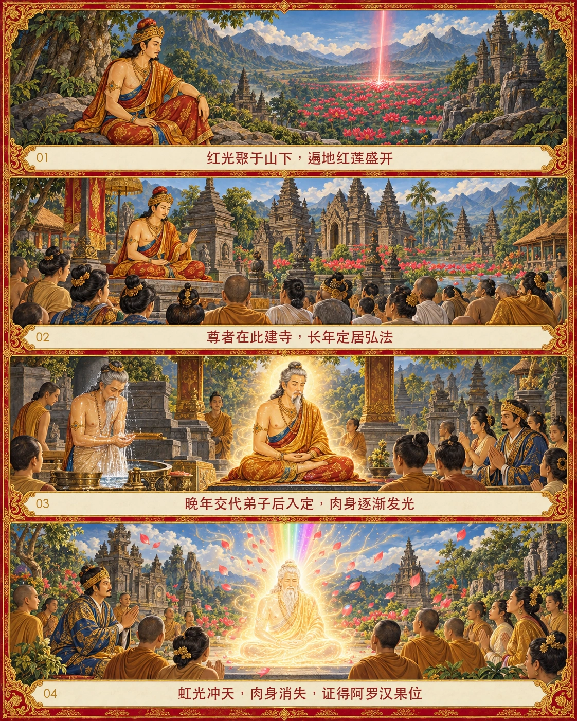 八正尊者在红莲之地建寺并于晚年虹化证得阿罗汉果位的传记画