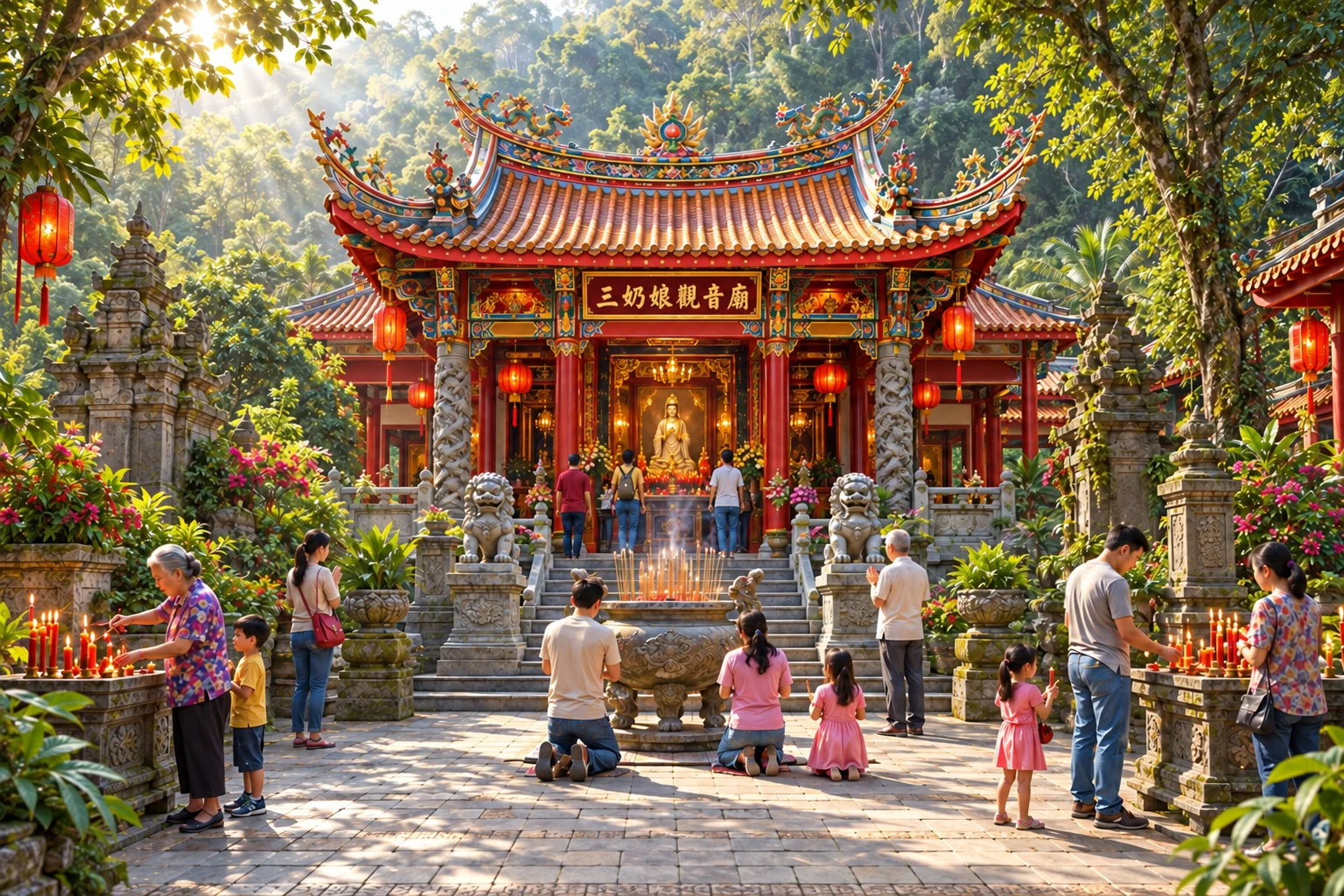 山林中的三奶娘观音庙建筑概念图