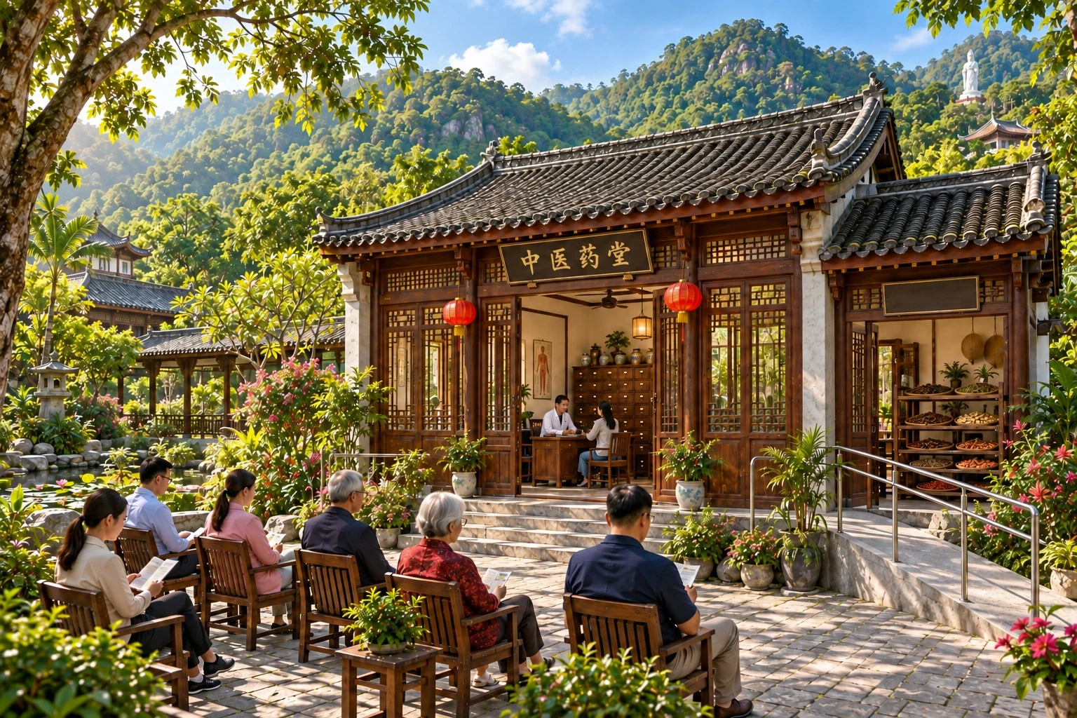山林花园中的中医药堂概念图