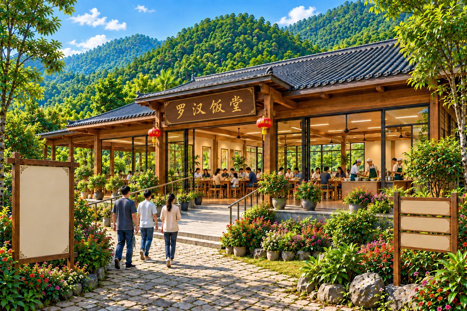 开放式木构素食饭堂概念图