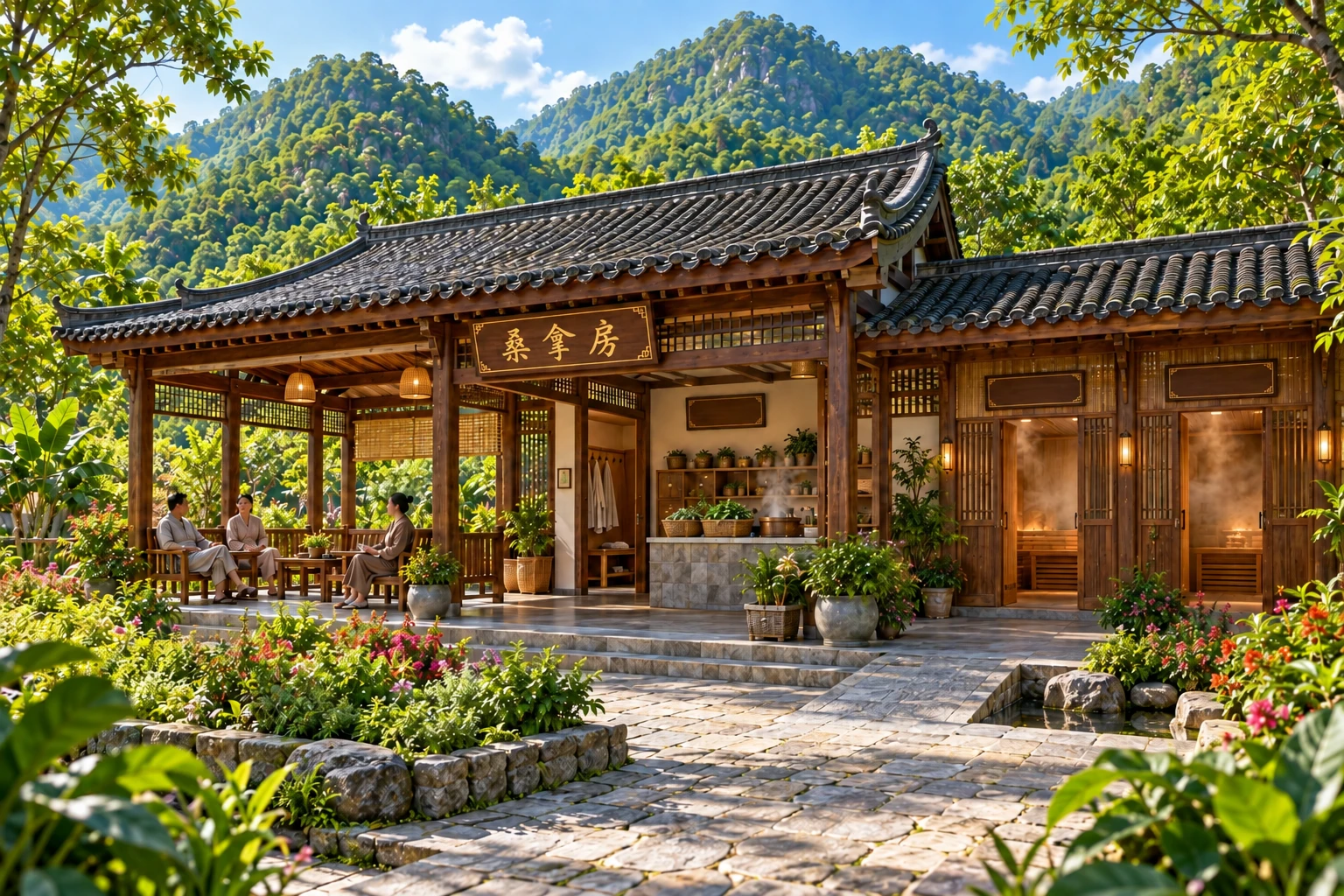 结合药草准备区与蒸汽房的山林桑拿房概念图